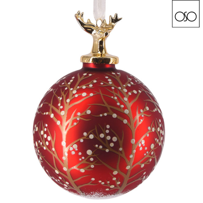 SFERA DA APPENDERE CON ORNAMENTO "GOLD RAMAGE"  VETRO ROSSO 10,00x10,00 CM x H 13,90 CM